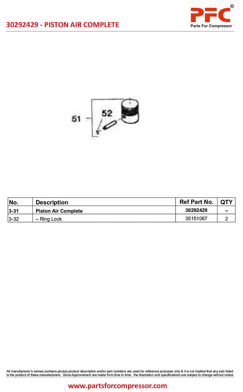 Piston LP with Pin & Lock 3inch 30292429 Replacement - Master